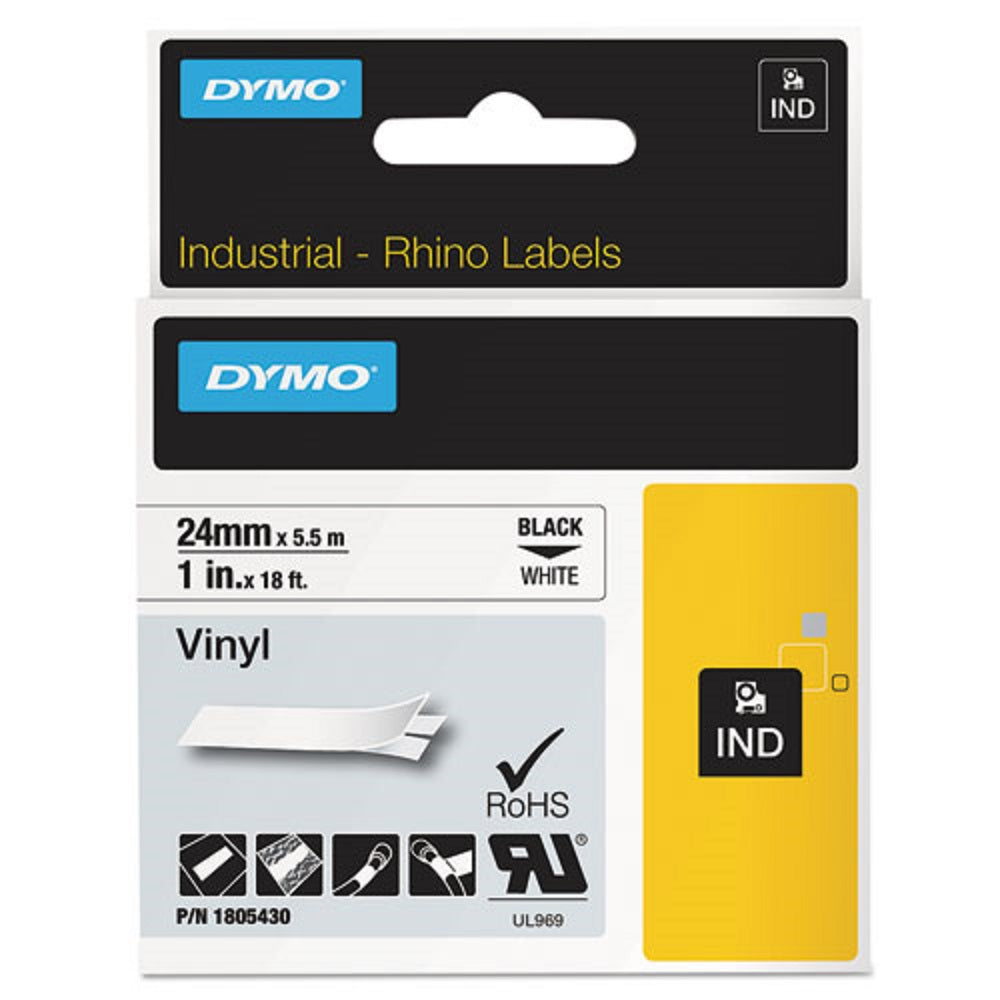 RHINO PERMANENT VINYL INDUSTRIAL LABEL TAPE - WHITE/BLACK PRINT