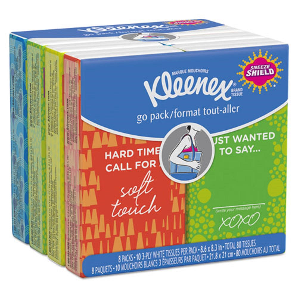 KLEENEX® ON THE GO PACKS FACIAL TISSUES - 3 PLY - WHITE - 10 SHEETS/POUCH - 8 POUCHES/PACK - 12 PACKS/CARTON