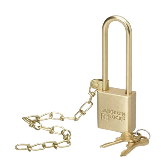 5340015881863 AbilityOne 5881863, Padlock, Solid Case, 1.5" Wide Brass, Keyed Differently, 3" Extra-long Shackle, w/Chain