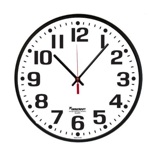 6645013897958 AbilityOne, Quartz Wall Clock, Battery Operated, Slimline Plastic Frame, 9.25" Diameter, Black Case/White Face Ea