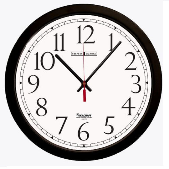 6645013897944 AbilityOne, Quartz Wall Clock, Battery Operated, Slimline Plastic Frame, 12.75" Diameter, Black Case/White Face Ea