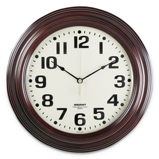 6645014216904 AbilityOne, Quartz Wall Clock, Battery Operated, Hardwood Round Frame, Mahogany Case/White Face Ea