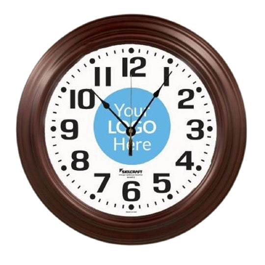 6645014566019 AbilityOne, Quartz Wall Clock - Battery Operated, Slimline Plastic Frame, w/Custom Logo, 9.25" Diameter, Black Case/White Face