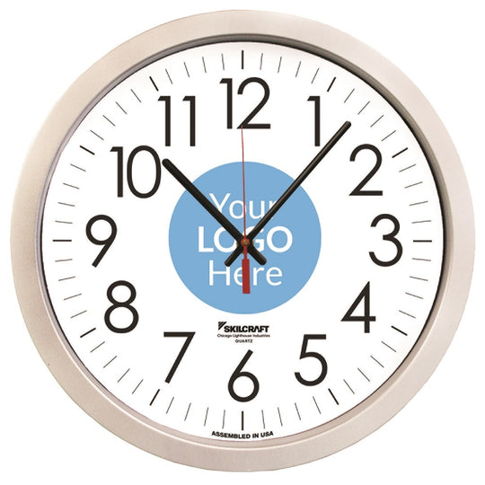 6645016986557 AbilityOne, Clock, Wall, Quartz, 14-1/2" Diameter, Silver Frame, with Custom Logo Ea