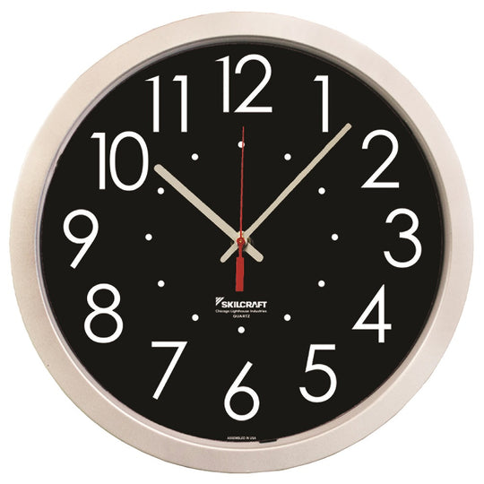 6645016986560 AbilityOne, Clock, Wall, Quartz, High Contrast Black Dial, 14-1/2" Diameter, Silver Frame 10/Bx