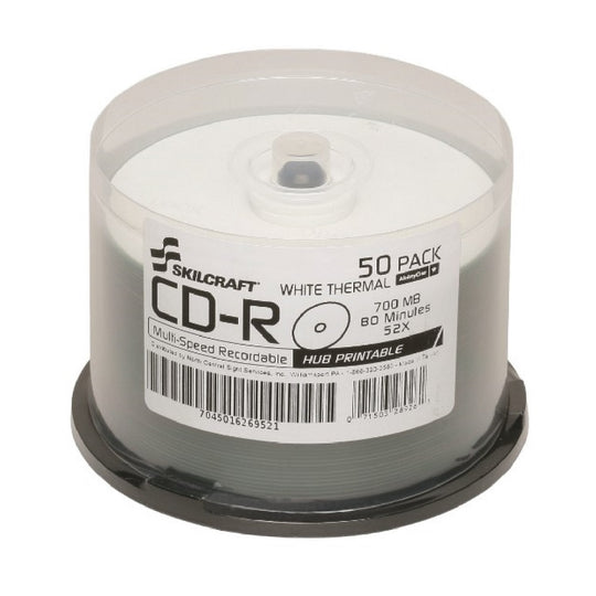 7045016269521 AbilityOne, Blank media discs, CD-R, White, Thermal Printable, 52x Speed, 80 Min / 700MB, 50 Pk Spindle Bx