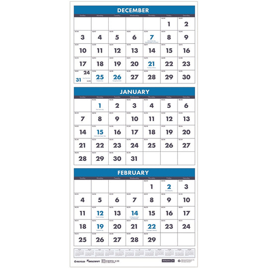 7510016828101 3-MONTH VERTICAL WALL CALENDAR, WIREBOUND, 2025 EA