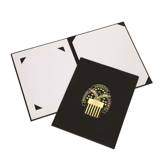 7510017011610 AWARDS CERTIFICATE BINDER, BLACK SATIN FINISH, GOLD DLA SEAL BX