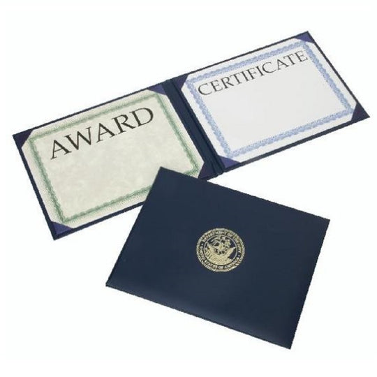 NSN7141363, AWARDS CERTIFICATE BINDER, BLUE PADDED COVER GOLD NAVY SEAL, LANDSCAPE BINDER BX