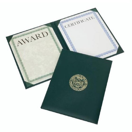 NSN7146627, AWARDS CERTIFICATE GREEN PADDED COVER "GOLD ARMY SEAL" PORTRAIT BINDER BX