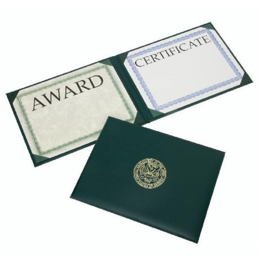 NSN7146628, AWARDS CERTIFICATE GREEN PADDED COVER "GOLD ARMY SEAL" LANDSCAPE BINDER BX