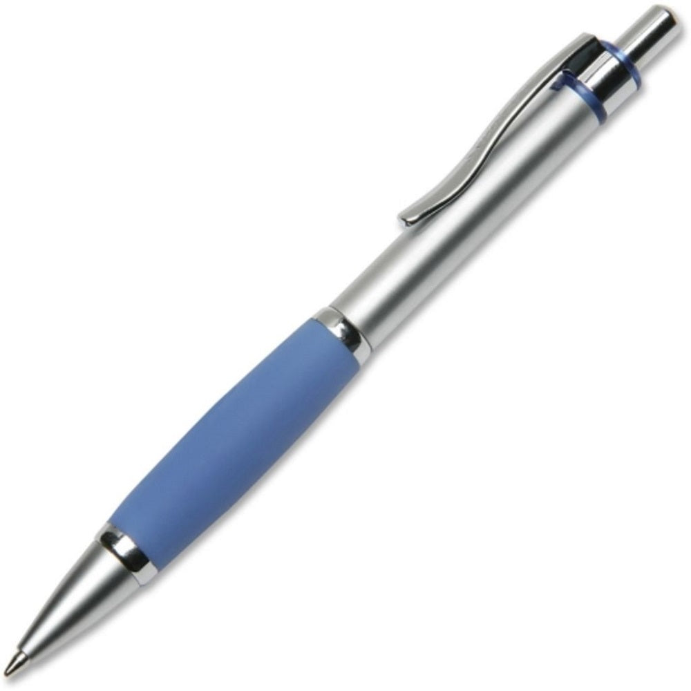 RETRACTABLE BALLPOINT PEN, MEDIUM, SILVER BARREL, BLUE INK BX