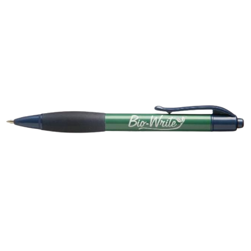 BIO-WRITE RETRACTABLE PEN W/ RUBBER GRIP, MEDIUM POINT, BLUE INK BX