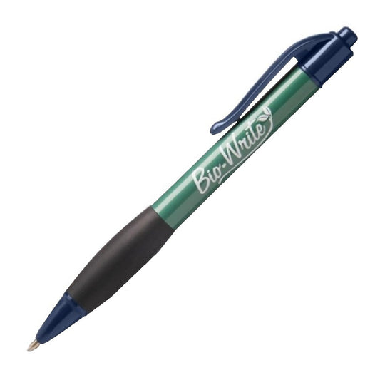 BIO-WRITE RETRACTABLE PEN W/ RUBBER GRIP, MEDIUM POINT, BLUE INK BX