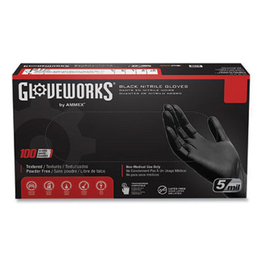 AXCGPNB46100 AMMEX GPNB46100 Gloveworks Black Nitrile Powder Free Industrial Gloves, 5- Mil