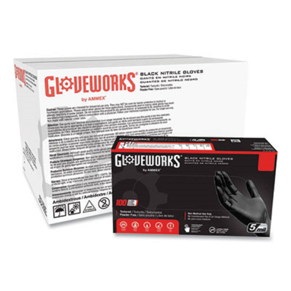 AXCGPNB46100 AMMEX GPNB46100 Gloveworks Black Nitrile Powder Free Industrial Gloves, 5- Mil