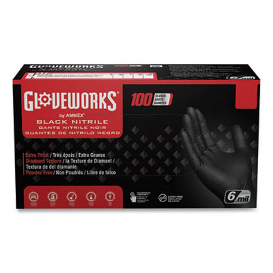 AXCGWBN44100 Ammex GWBN44100 Gloveworks Black Nitrile Powder Free Industrial Gloves, 6 Mil