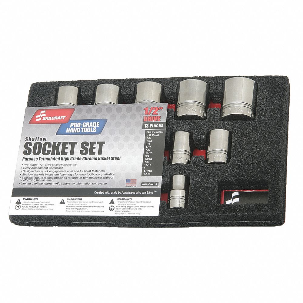 5120014293546 AbilityOne, Socket Set, 1/2 Drive Shallow, SAE 12 Point Fasteners, 13 Pieces Se