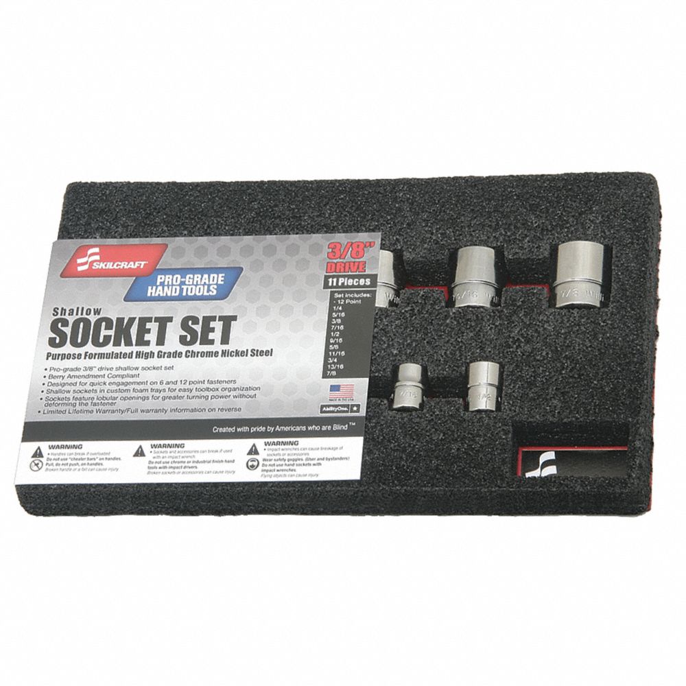 5120014293575 AbilityOne NSN4293575 Socket Set, 3/8 Drive Shallow, SAE 12 Point Fasteners, 11 Pieces Set