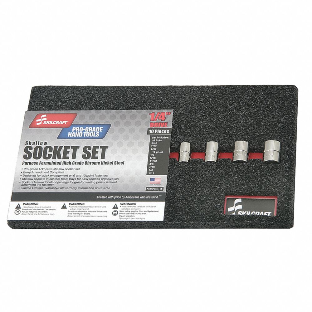 5120016311433 AbilityOne 6311433, Socket Set, 1/4 Drive Shallow, SAE 6 and 12 Point Fasteners, 10 Pieces Se