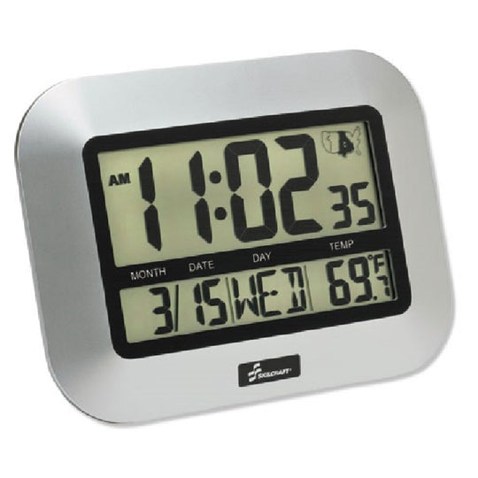 6645016611877 AbilityOne, Clock, LCD Digital Display, Radio-Controlled, Silver, 9.75" x 7.25" x 1" Ea