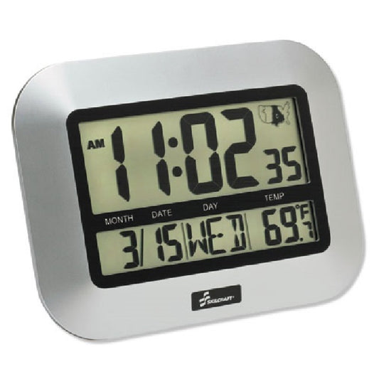 6645016611877 AbilityOne, Clock, LCD Digital Display, Radio-Controlled, Silver, 9.75" x 7.25" x 1" Bx