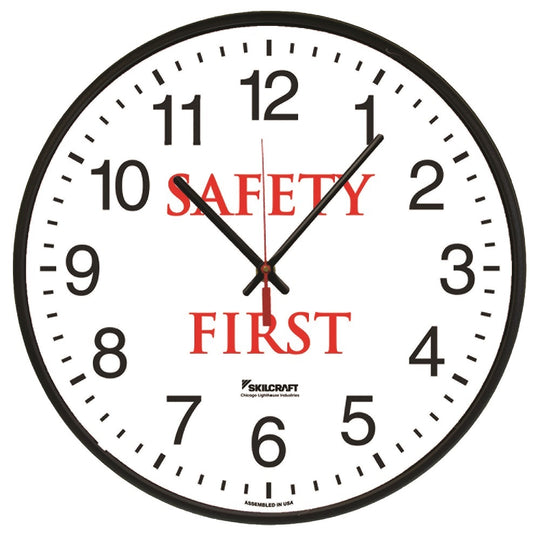 6645016986556 AbilityOne, Clock, Wall, Quartz, "Safety First", 12-3/4" Diameter, Black Frame Ea