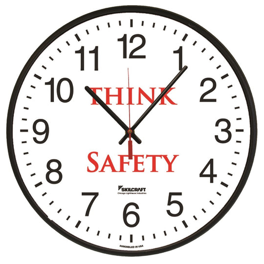 6645016986558 AbilityOne, Clock, Wall, Quartz, "Think Safety", 12-3/4" Diameter, Black Frame Ea