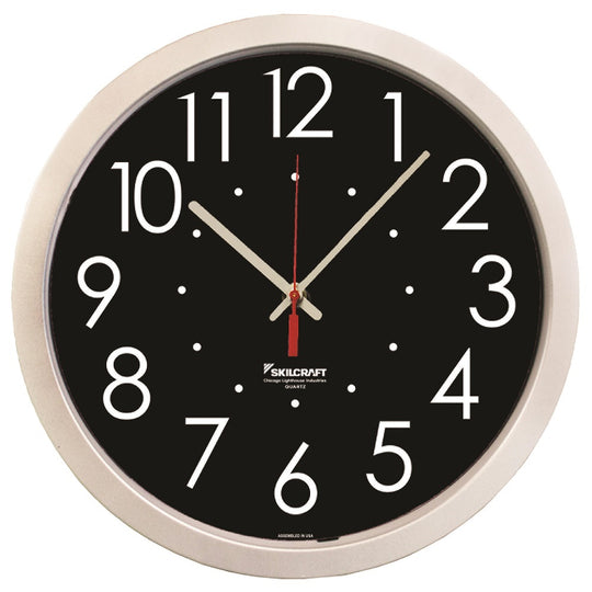 6645016986560 AbilityOne, Clock, Wall, Quartz, High Contrast Black Dial, 14-1/2" Diameter, Silver Frame Ea