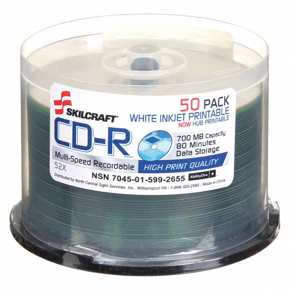 7045015992655 AbilityOne NSN5992655, Compact Disc, Recordable, 50 CDs on Spindle, White Ink Jet Printable Ea