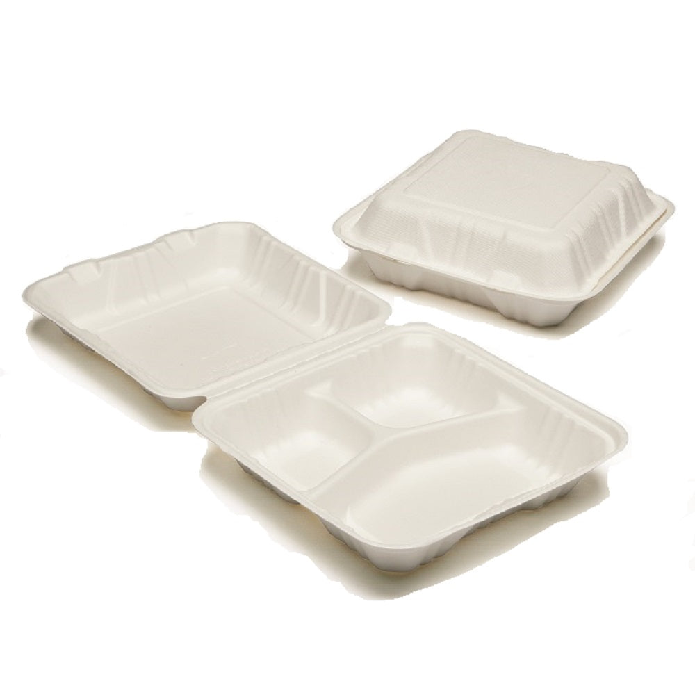 CLAMSHELL HINGED LID TO-GO FOOD CONTAINERS, 3-COMPARTMENT  BX