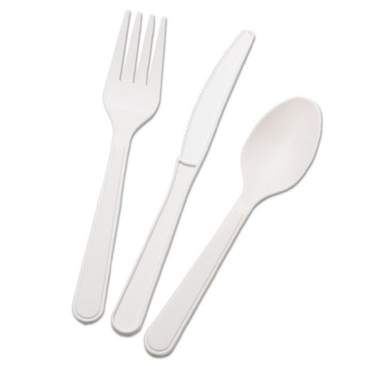 HEAVY-DUTY PLASTIC FLATWARE TYPE III, 3-PIECE SET, WHITE  BX