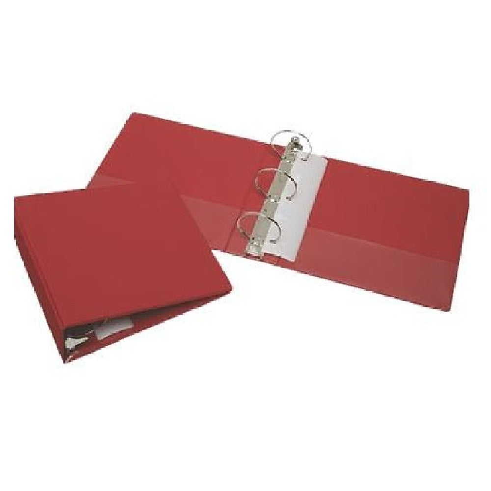 BINDER, ROUND RING, CLEAR OVERLAY, POCKETS, 3" CAPACITY, RED