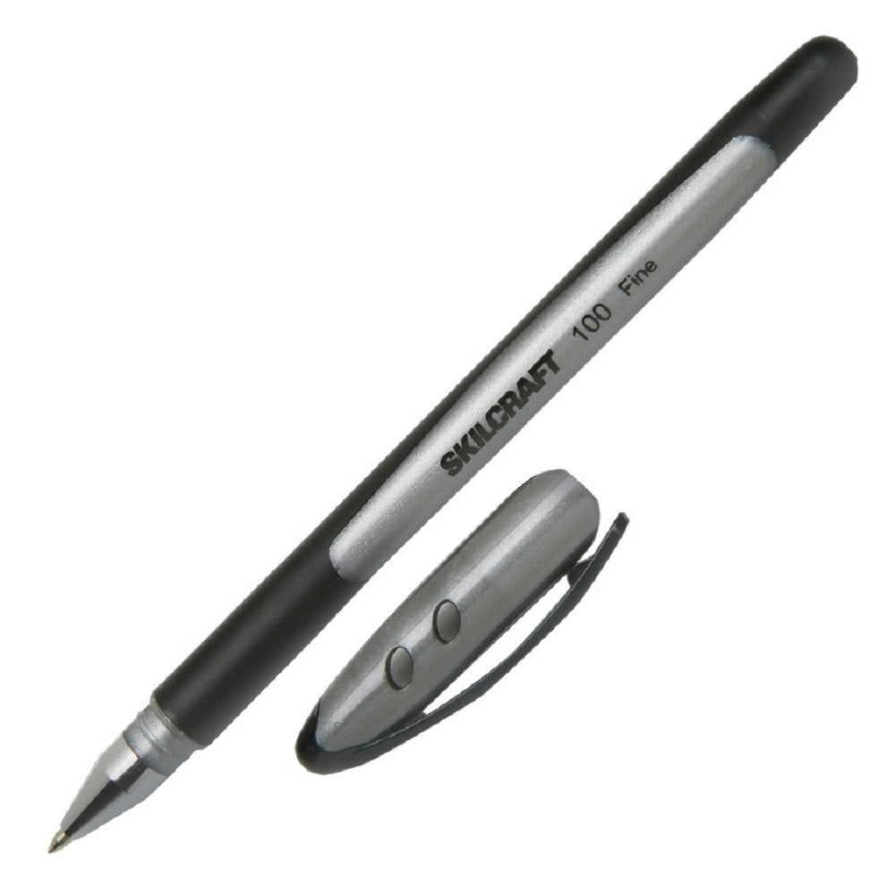 100 RUBBERIZED STICK PENS, FINE POINT, METALLIC BLACK BARREL, BLACK INK