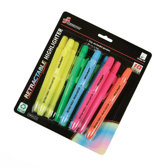 RETRACTABLE HIGHLIGHTER, CHISEL TIP, ASSORTED 10-COLOR SET