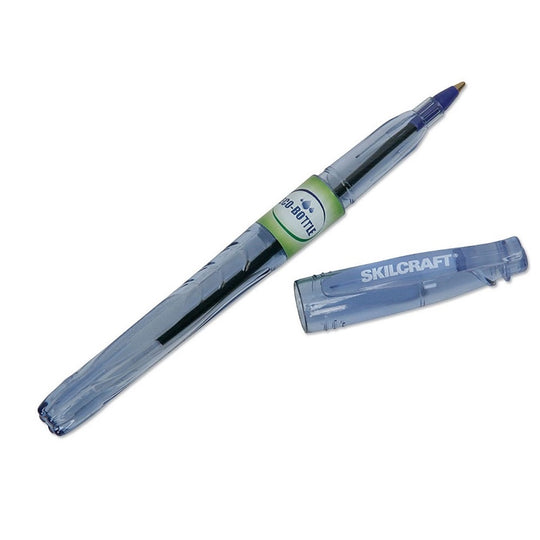 RECYCLED WATER BOTTLE STICK PENS, CLEAR BARREL, BLUE - 12 PENS/PK, 12 PKS/CS