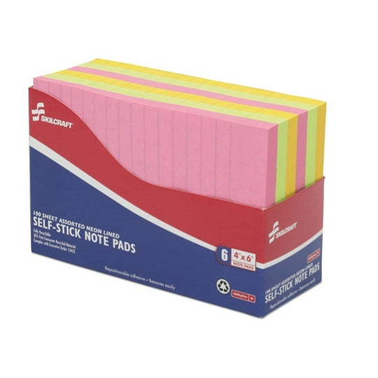 SELF STICK NOTE PADS, RULED, ASSORTED NEON COLORS