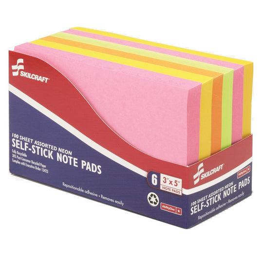 SELF-STICK NOTE PAD, UNRULED, ASSORTED NEON COLORS