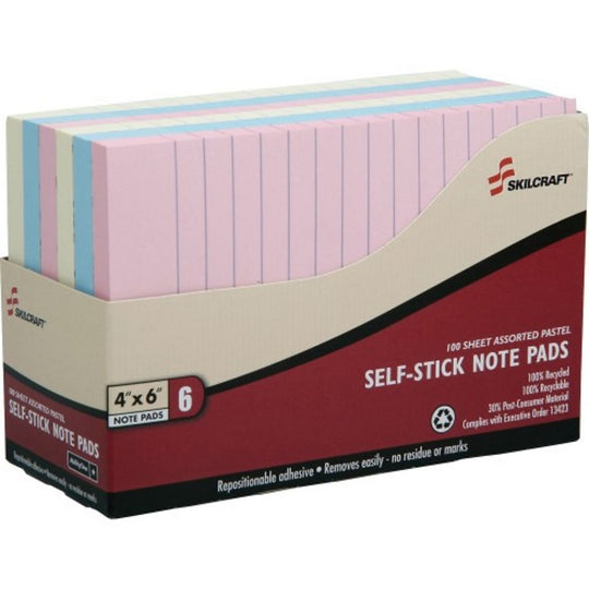 SELF STICK PAD SET, 4 x 6, LINED, 100 SHEETS, COLORS: BLUE, GREEN, PINK, YELLOW