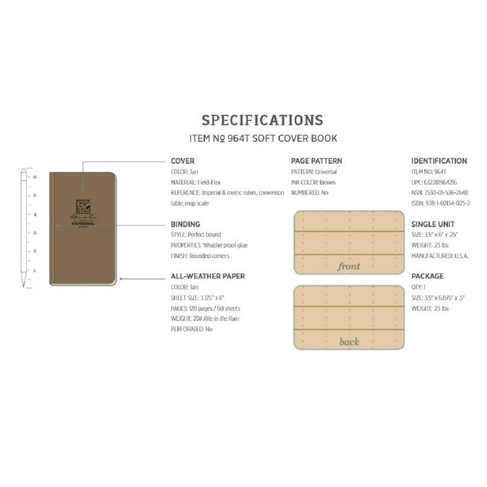 Rite in the Rain Universal Kit, Tan Cordura Fabric Cover, Field Book, Pen, 160 Pages, 4.25" x 7.25", Tan Paper