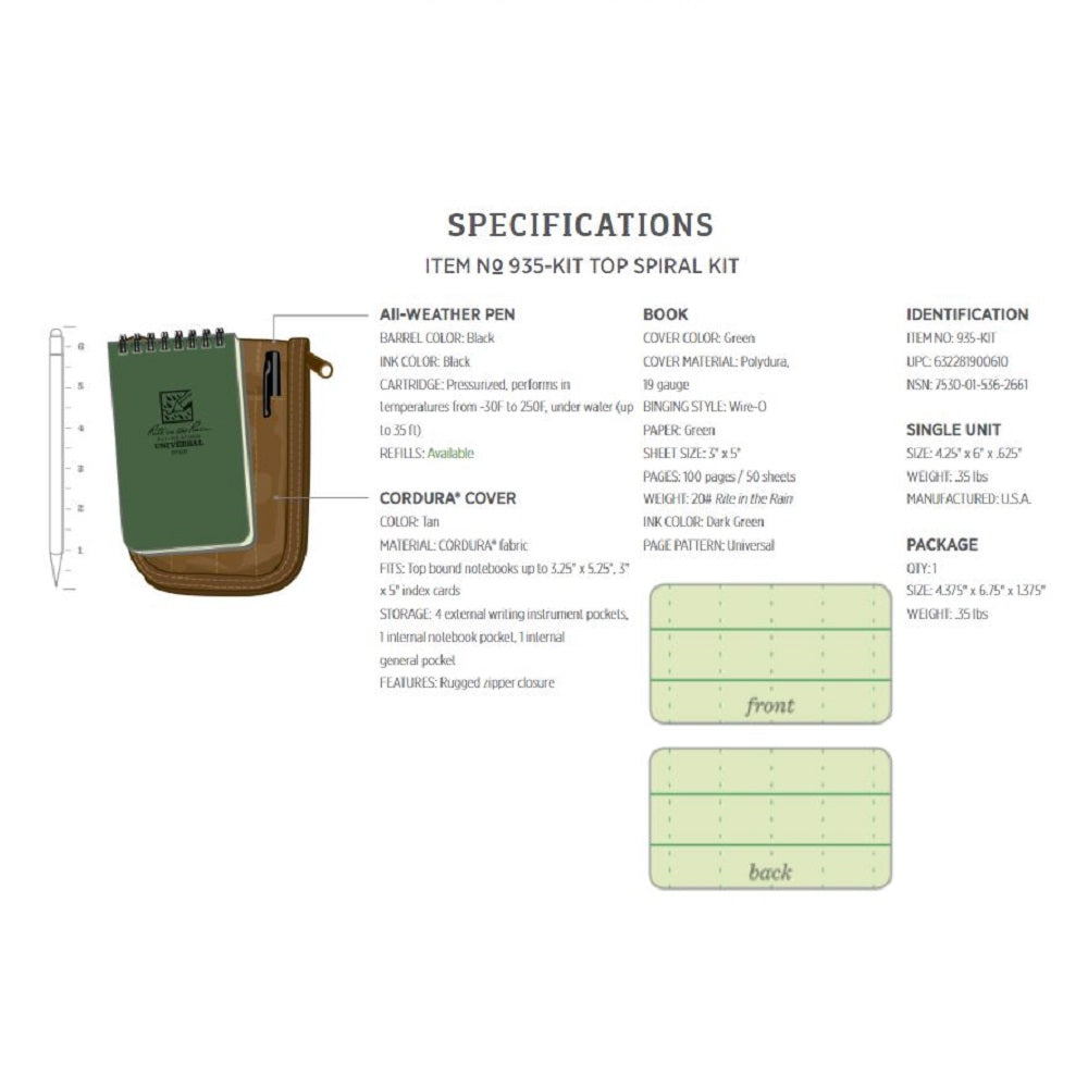 RITE N RAIN, NOTEBOOK/PEN KIT, GREEN KT