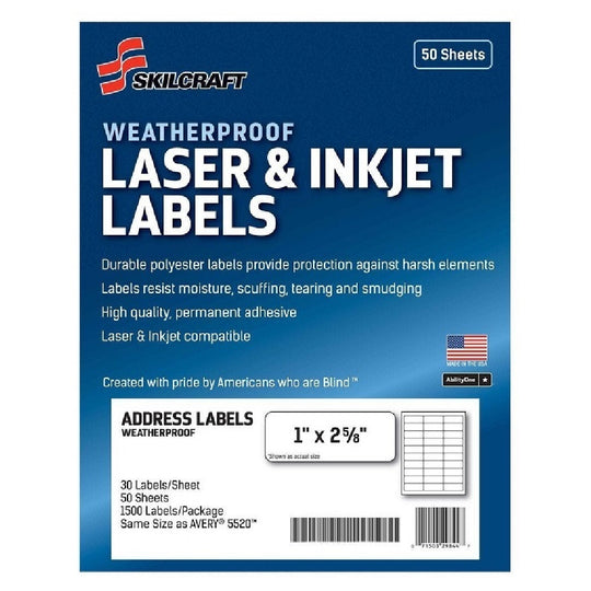 WEATHERPROOF ADDRESS LABELS, LASER/INKJET, RECYCLED, WHITE PK