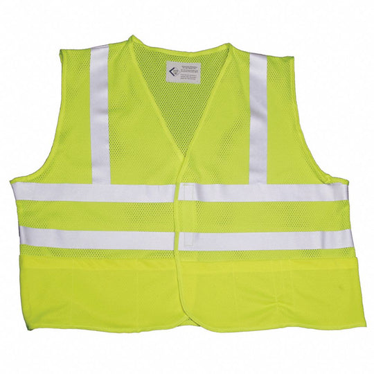 SAFETY VEST FRONT CLOSURE, CLASS 2 ANSI 107, LIME, SILVER REFLECTIVE STRIPS - LARGE