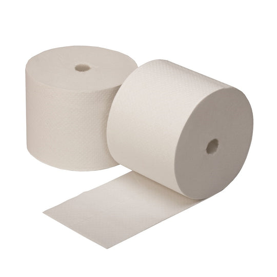 CORELESS 2-PLY TOILET TISSUE - WHITE  3.85" X 4.05"