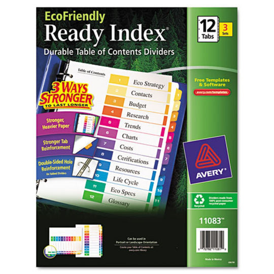 CUSTOMIZABLE TABLE OF CONTENTS READY INDEX DIVIDERS W/ MULTICOLOR TABS, 12 TAB - WHITE