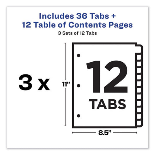 CUSTOMIZABLE TABLE OF CONTENTS READY INDEX DIVIDERS W/ MULTICOLOR TABS, 12 TAB - WHITE