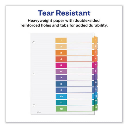 CUSTOMIZABLE TABLE OF CONTENTS READY INDEX DIVIDERS W/ MULTICOLOR TABS, 12 TAB - WHITE