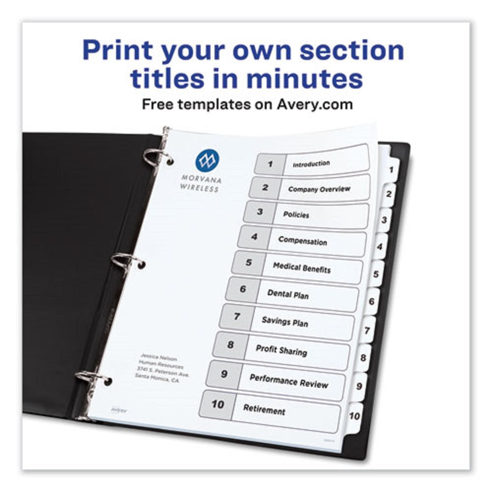 CUSTOMIZABLE TOC READY INDEX BLACK & WHITE DIVIDERS, 10 TAB - LETTER