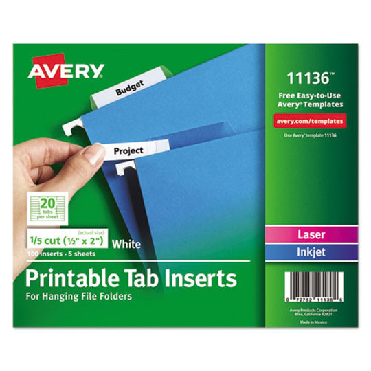 AVERY TABS INSERTS for 1/5-CUT TABS HANGING FILE FOLDERS - WHITE - 100/PACK