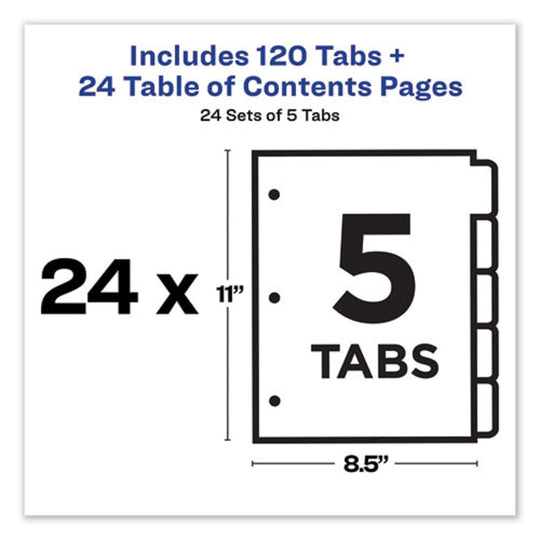 CUSTOMIZABLE TOC READY INDEX  - MULTI-COLOR DIVIDERS - 5 TAB - LETTER